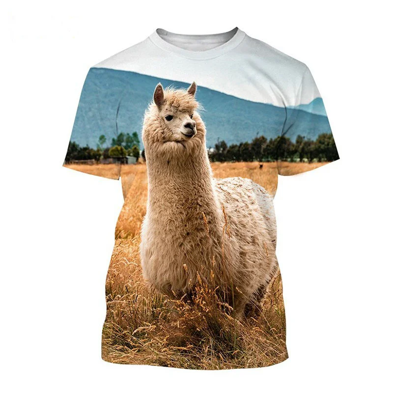 3D Print Cute Alpaca T-shirt Men Kids Animal Pattern Casual Short Sleeve Top Round Neck Summer Street Tees Parent-child Clothing