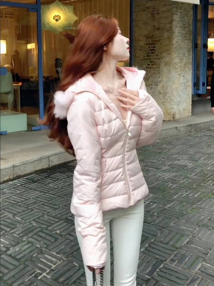 Damen Thiened White Du Down Jaet-Mantel mit Pelzkragen, tailliertem, wärmendem Brotmantel, Reißverschluss-Design