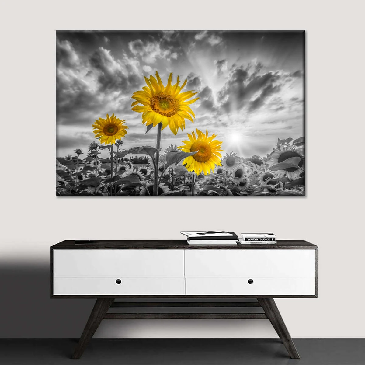 Black White Sky Yellow Sunflower Field Wall Art, Nature Landscape Poster, Unframed Canvas Print Home Room Decor