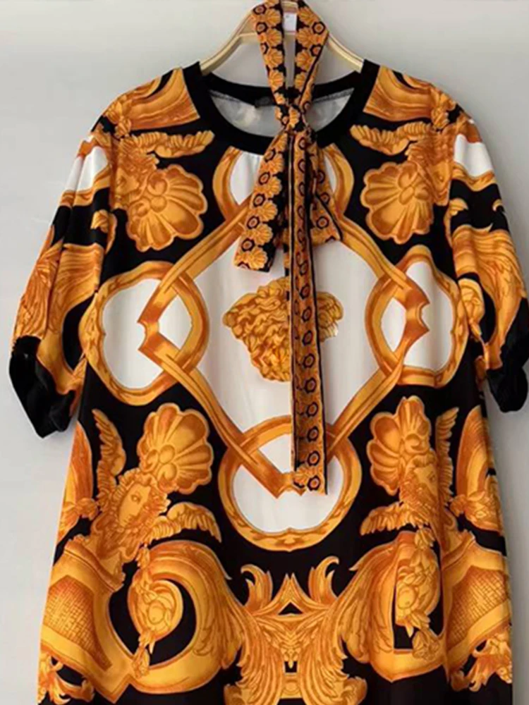 ชุดเดรสเสื้อยืดผู้หญิงฤดูร้อนปี 2025: ชุดเดรสสวมหัวคอกลมพิมพ์ลายเรขาคณิตย้อนยุคเอวเฉดมวยกระโปรงอ้วนจีบหลวม