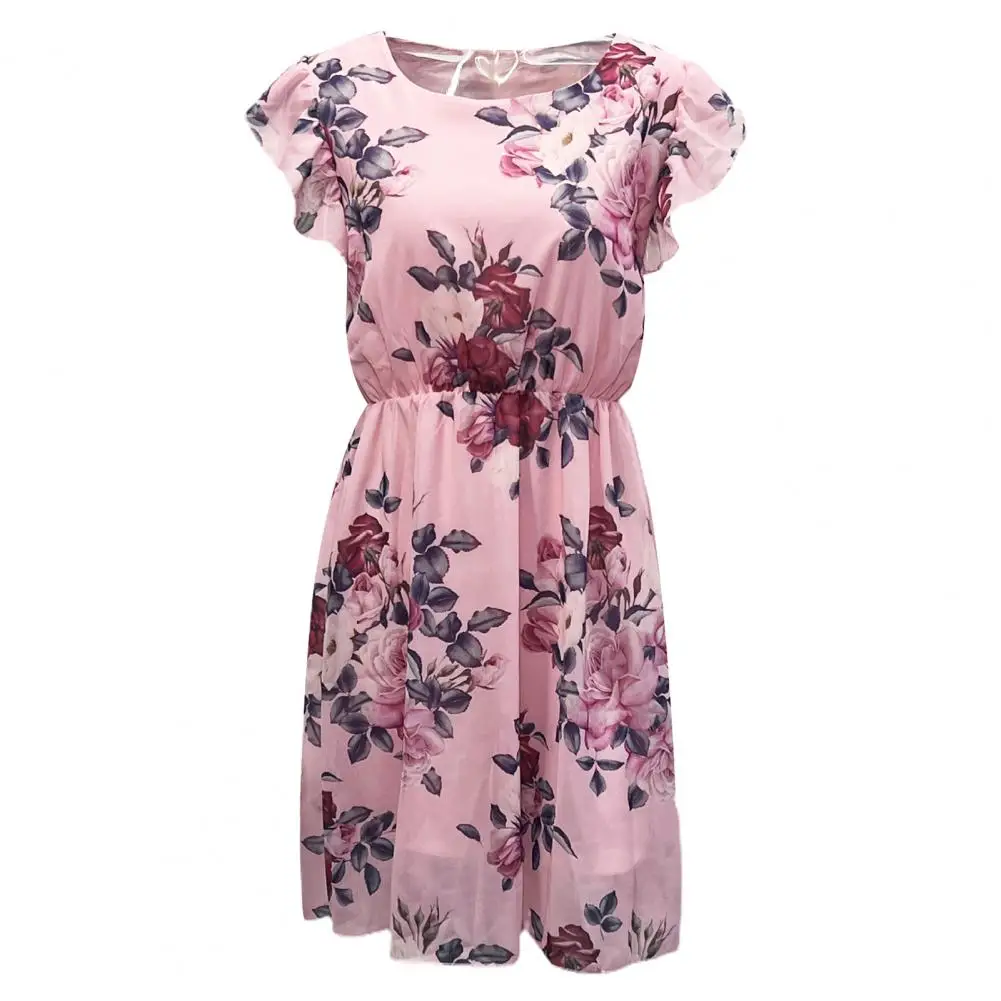 Elegant Floral Print Ruffle Beach Dress Summer Casual O Neck Pleated Party Dress Women Fashion Office A-Line Midi Dress Vestido