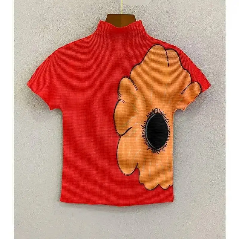 T-shirt Fold Flower 2025 Summer Thin Short Sleeve Top Slim Stretch Print Casual T-shirts For Women New Arrivals U7DZ
