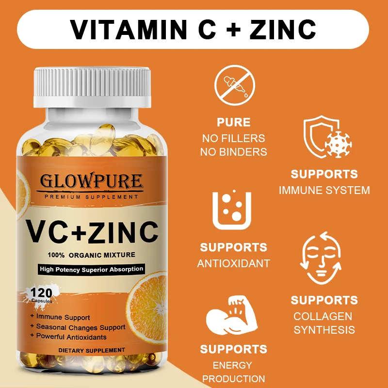Vitamin C Zinc Capsules for Antioxidant Immune System Metabolism Dietary Natural Health Supplement Non-GMO Vegan Premium Formula