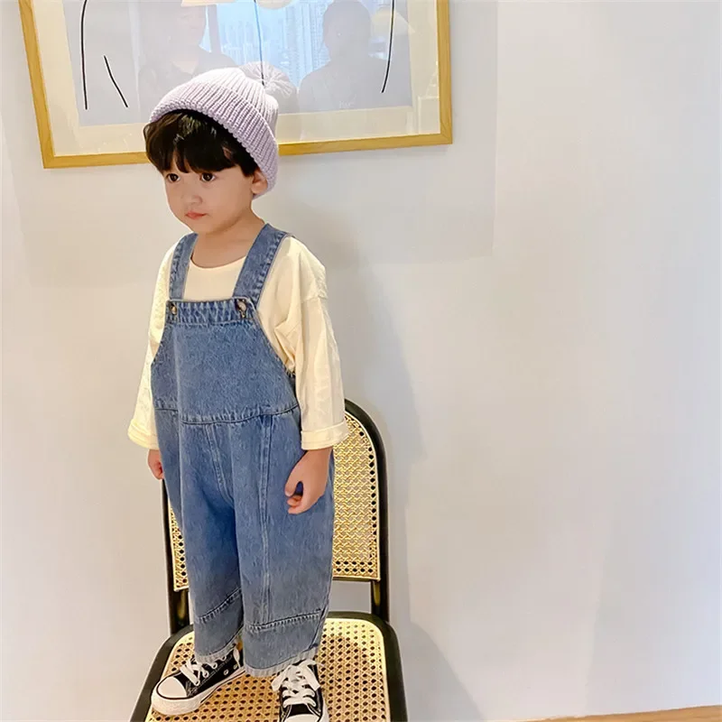 2023 New Children Loose Overalls boys girls casual all-match denim Trousers Autumn Solid Outwear 1-7Y Kids fashion bib pants