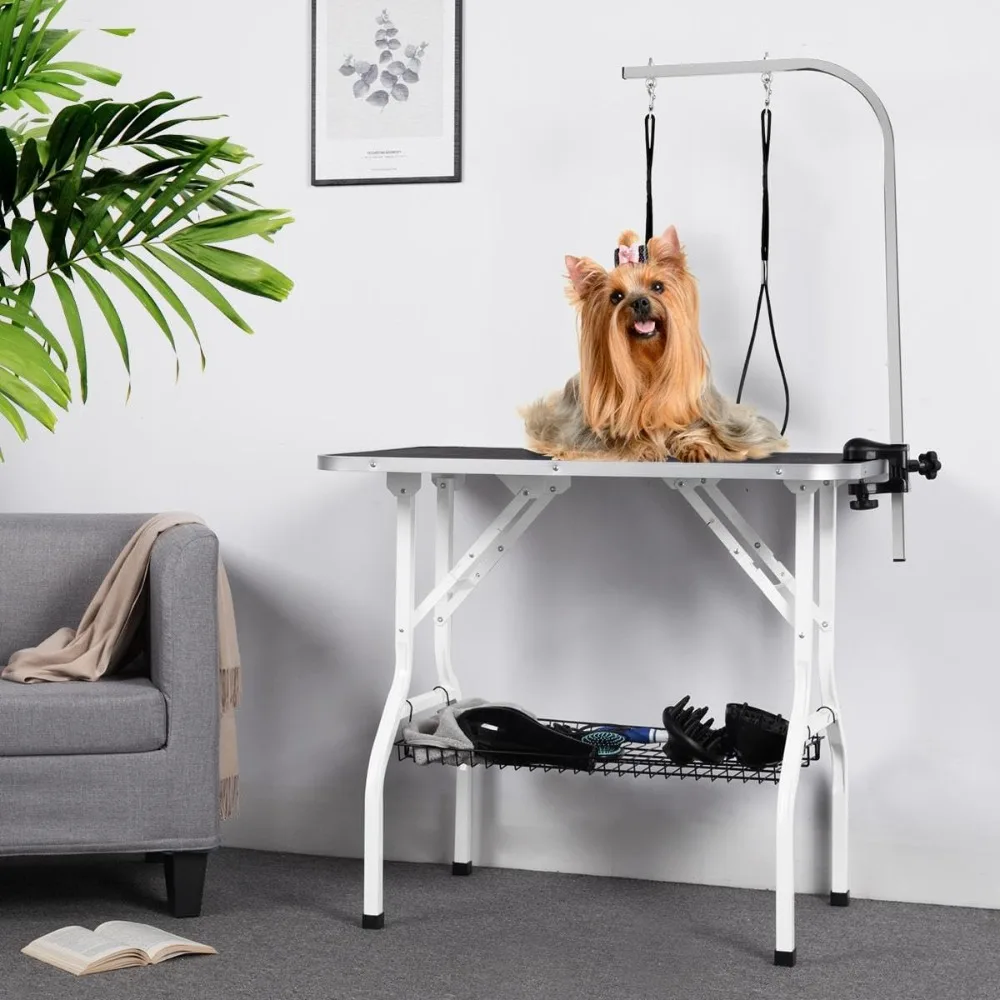 

36'' Dog Grooming Table, Pet Foldable Grooming Table w/Double Loops/Mesh Tray/Adjustable Arm, Black