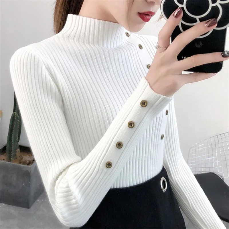 2023 Women Autumn Knitted Slim Sweaters Solid Knitted Female Cotton Soft Elastic Color Pullovers Button Full Sleeve Turtleneck