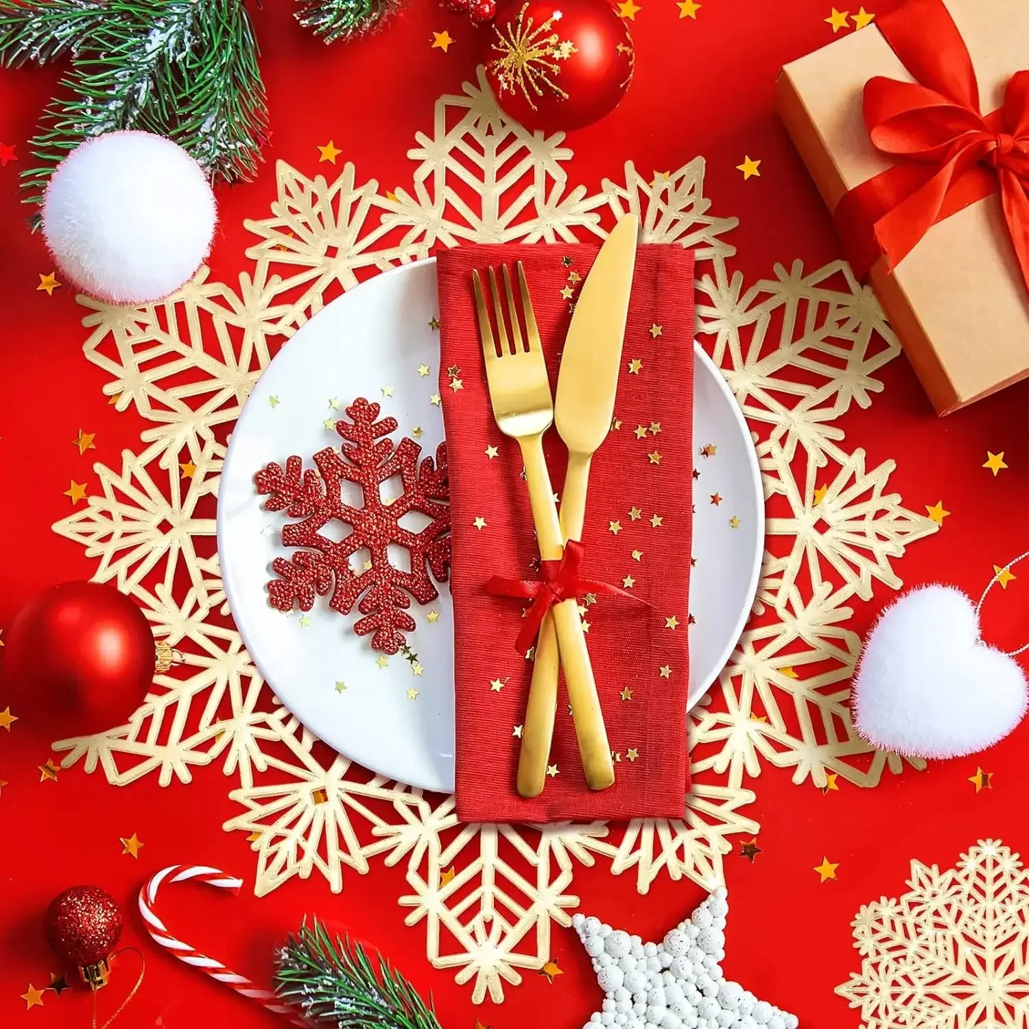 5-20PCS Christmas Snowflake Placemats and Table Runner Heat Resistant Dining Room Table Mats Holiday Party Tableware Decorations