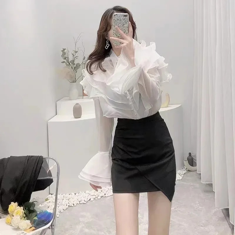 Gagarich Women Shirt 2022 Spring Autumn French Palace Style Ladies Super Fairy Layered Ruffled Organza Flared Sleeve Blouses