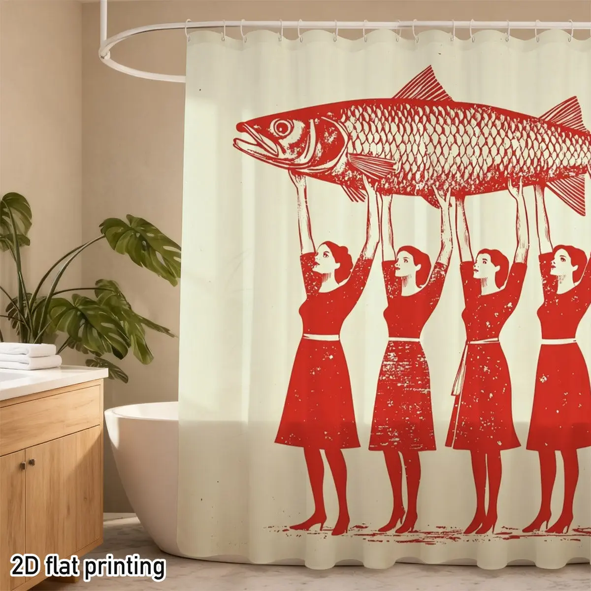 Unique Red Pop Art Fish and Women Group Shower Curtain Bath Decor Waterproof Bathroom Novelty Liner Home Shower Curtain Decorati