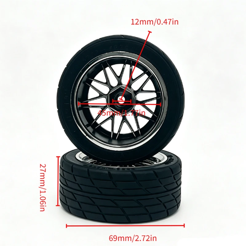 4Pcs 1/10 RC Racing Tires + Wheel Rims 12mm Hex Hub Fit TT01 TT02 XV01 XV02 PTG-2 TA06 HSP HPI Kyosho On-Road Car