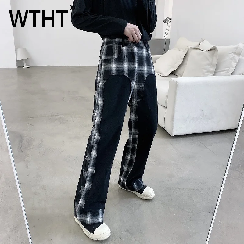 

WTHT Fashion Men's Spliced Plaid Design High Street Pants Trendy 2025 Autumn High-waisted Wide Leg Trousers Male 2A1948