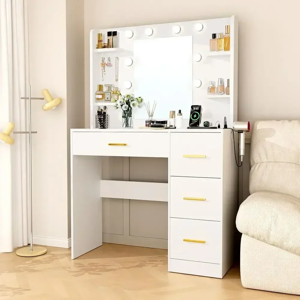 35 Compact Vanity Desk with Mirror, Lights, and 3 Colors, 4-Drawer Storage, Power Outlet, White Makeup Desk - Enhanced Quality