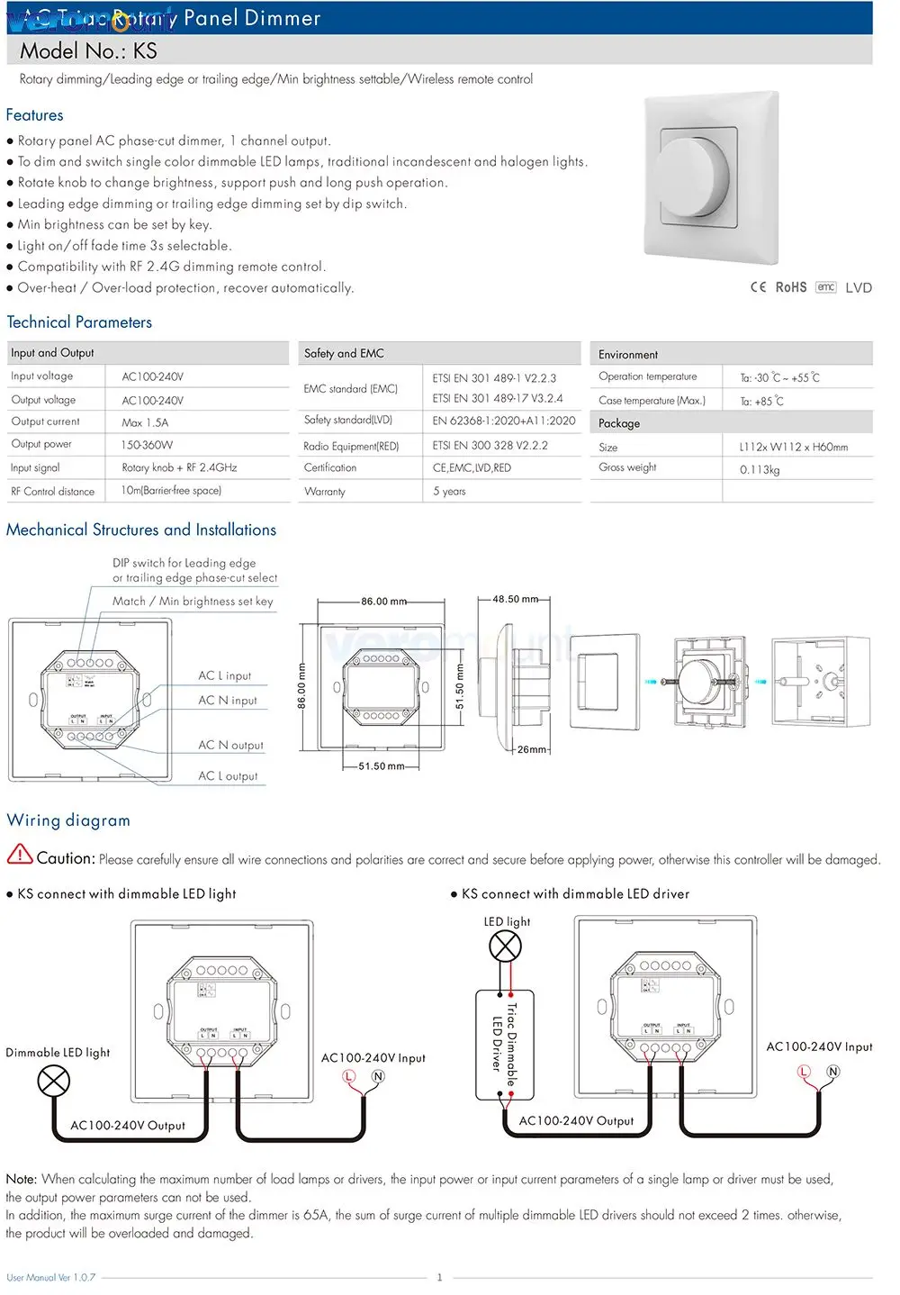 Skydance KS Rotary Knob Panel LED Dimmer 220V 110V AC Light Bulb Lamp 2.4G Wireless RF Remote Dimmable Triac LED Dimmer Switch