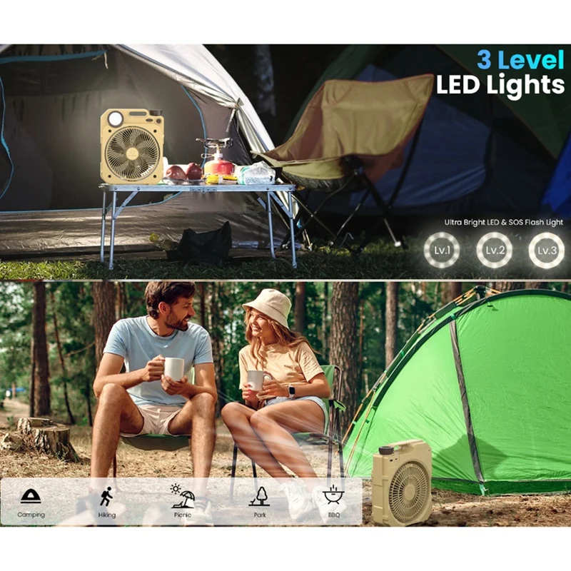 Imagem -02 - Camping Ventilador Elétrico com Iluminação Led Recarregável Desktop Portátil Circulador ao ar Livre Shake Head 10000mah