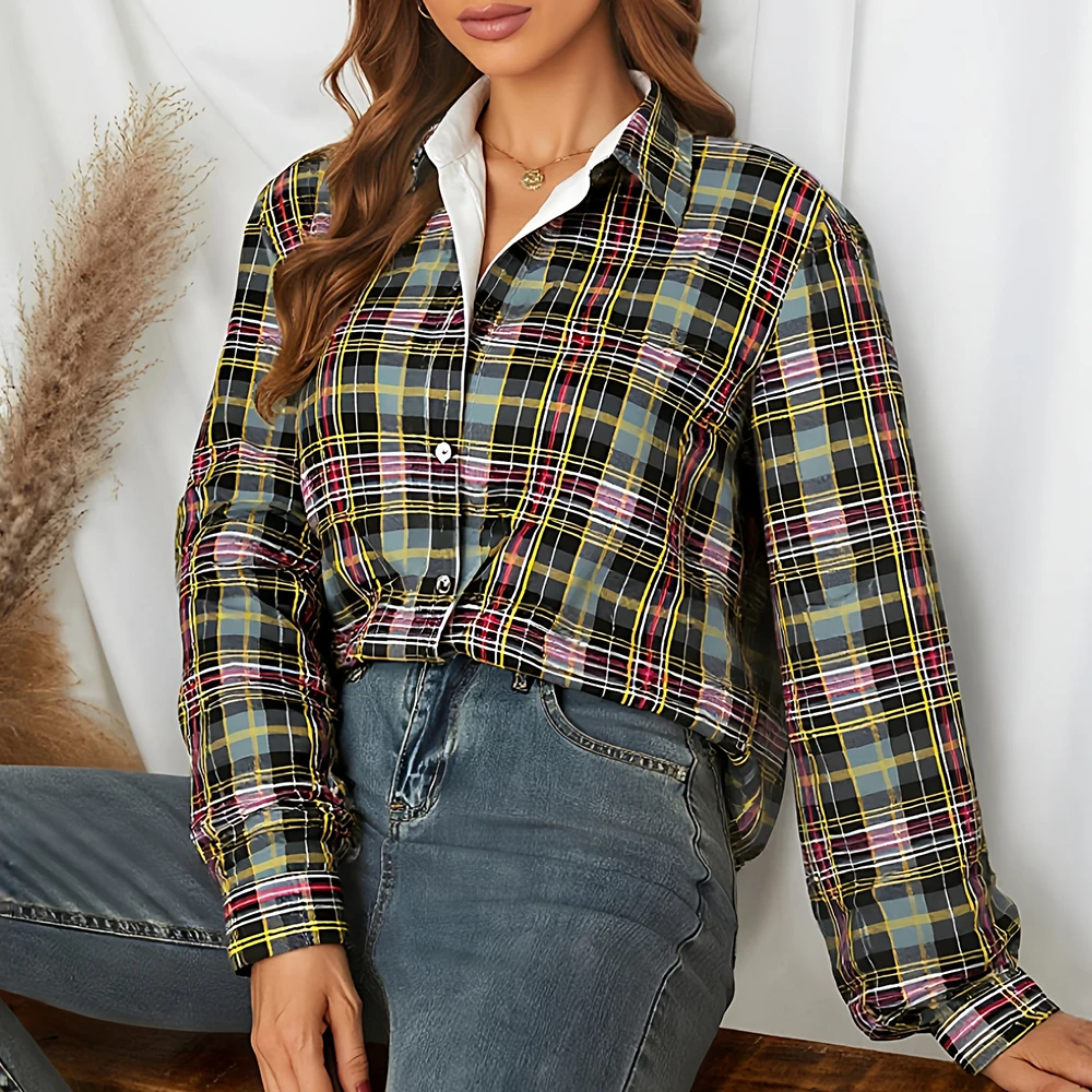 

Mia Muse Boutique Autumn Shirts 2025 Women's Decent Plaid Contrast Color Long Sleeve Shirt Collar Daily Basic Shirts