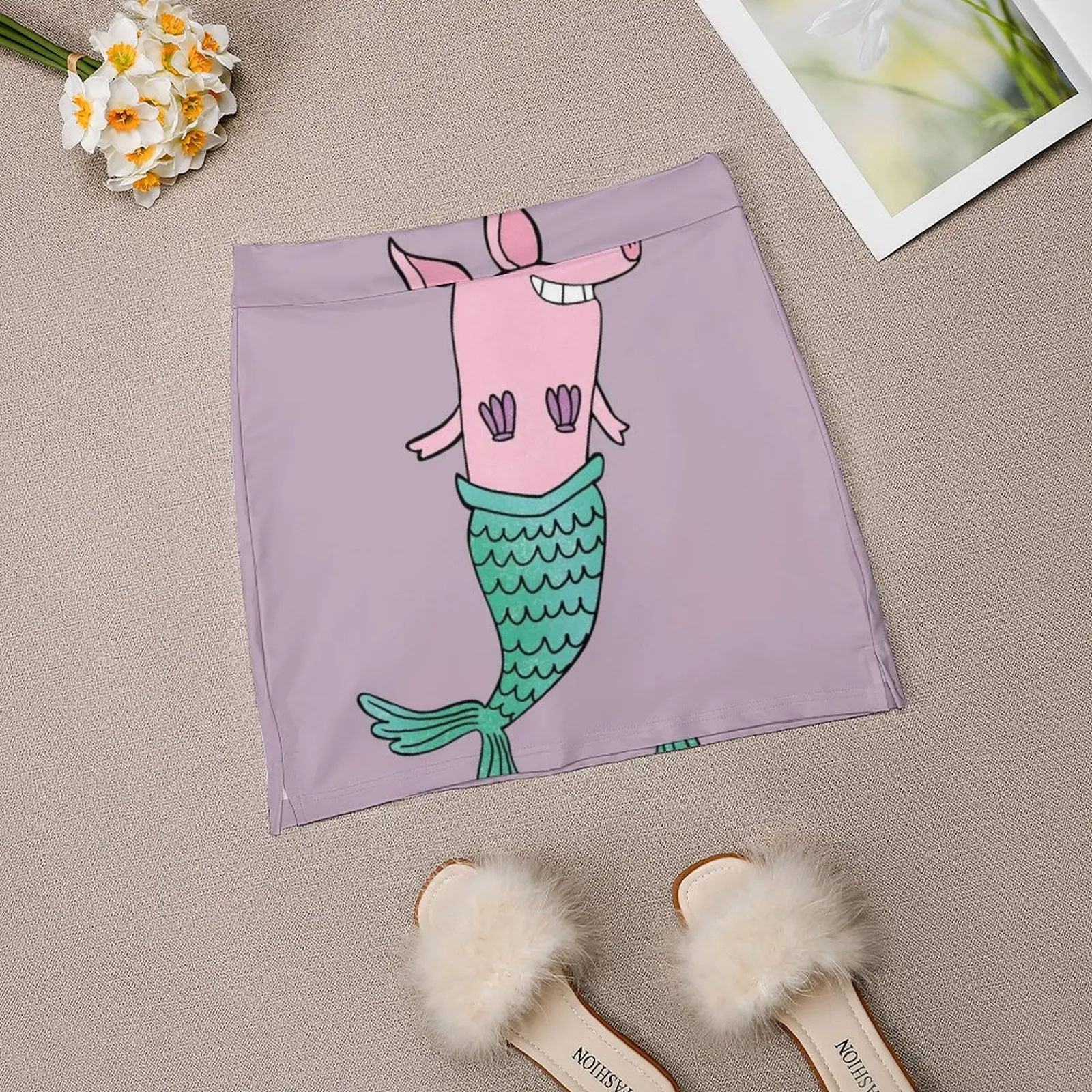 Mermaid Pig-สีม่วงผู้หญิงกระโปรงความงามกระโปรงใหม่แฟชั่นกระโปรงสั้นน่ารักตลก Mermaid หมูสัตว์เด็ก Art Sea Ocean