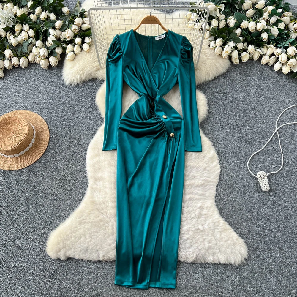 Vintage manga longa cetim com decote em v elegante cerimônia de fadas vestidos hotsweet roupas femininas vestido lápis