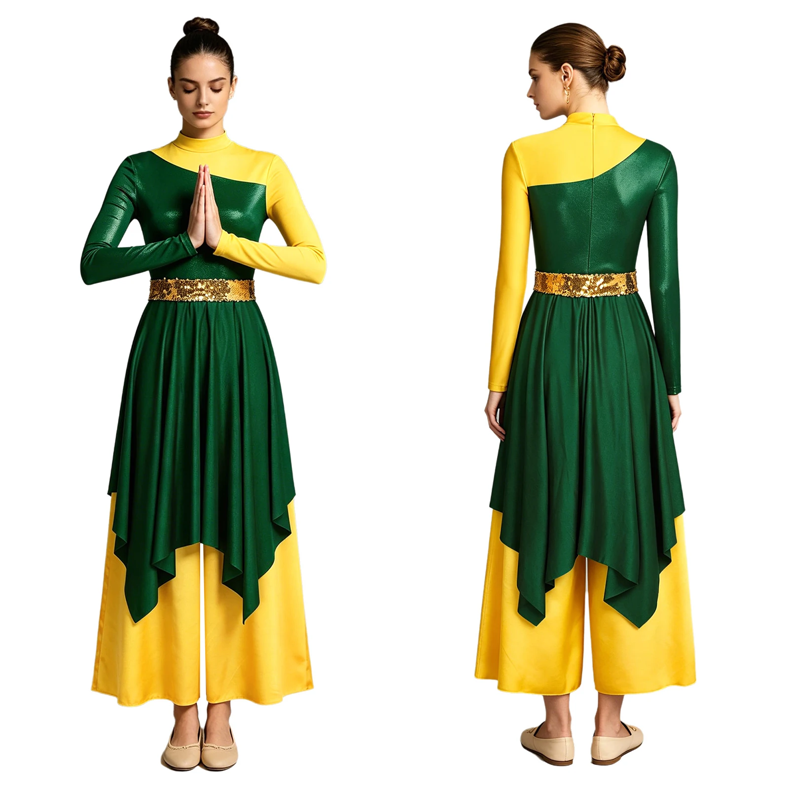 Women Praise Lyrical Dance Dress Jumpsuit Liturgical Worship Church Choir Costume Metallic Shiny Bodice Wide Leg Bodysuit Gown