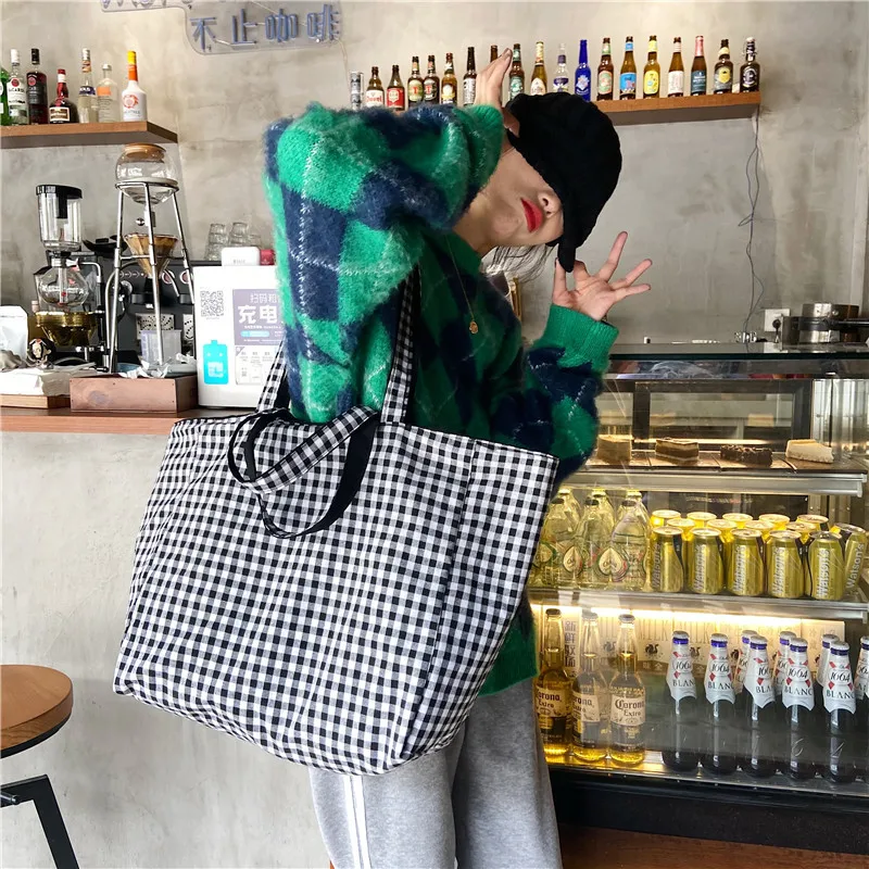 1 pc double-sided Plaid Shopping Bag Reusable 6 Colors large Canvas Shoulder Bag Lady Student Book Handbags Grocery Tote Bag