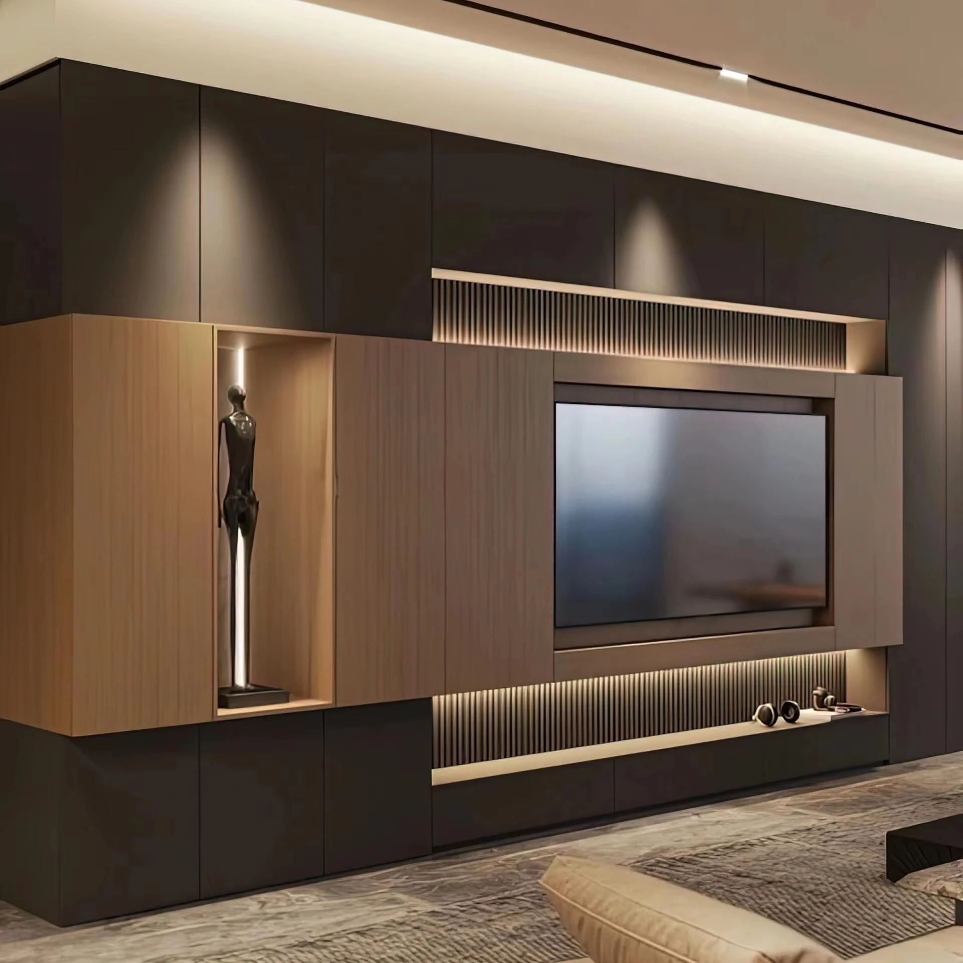 Modern wood design LED TV feature wall floating TV cabinet, suitable for living room and bedroom furniture