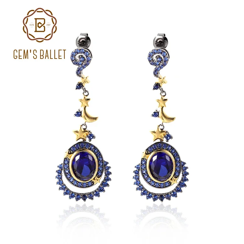 GEM'S BALLET 925 Sterling Silver lab Blue Sapphire Vintage Earrings  Handmade Star Moon Element Drop Earrings for Women Jewelry