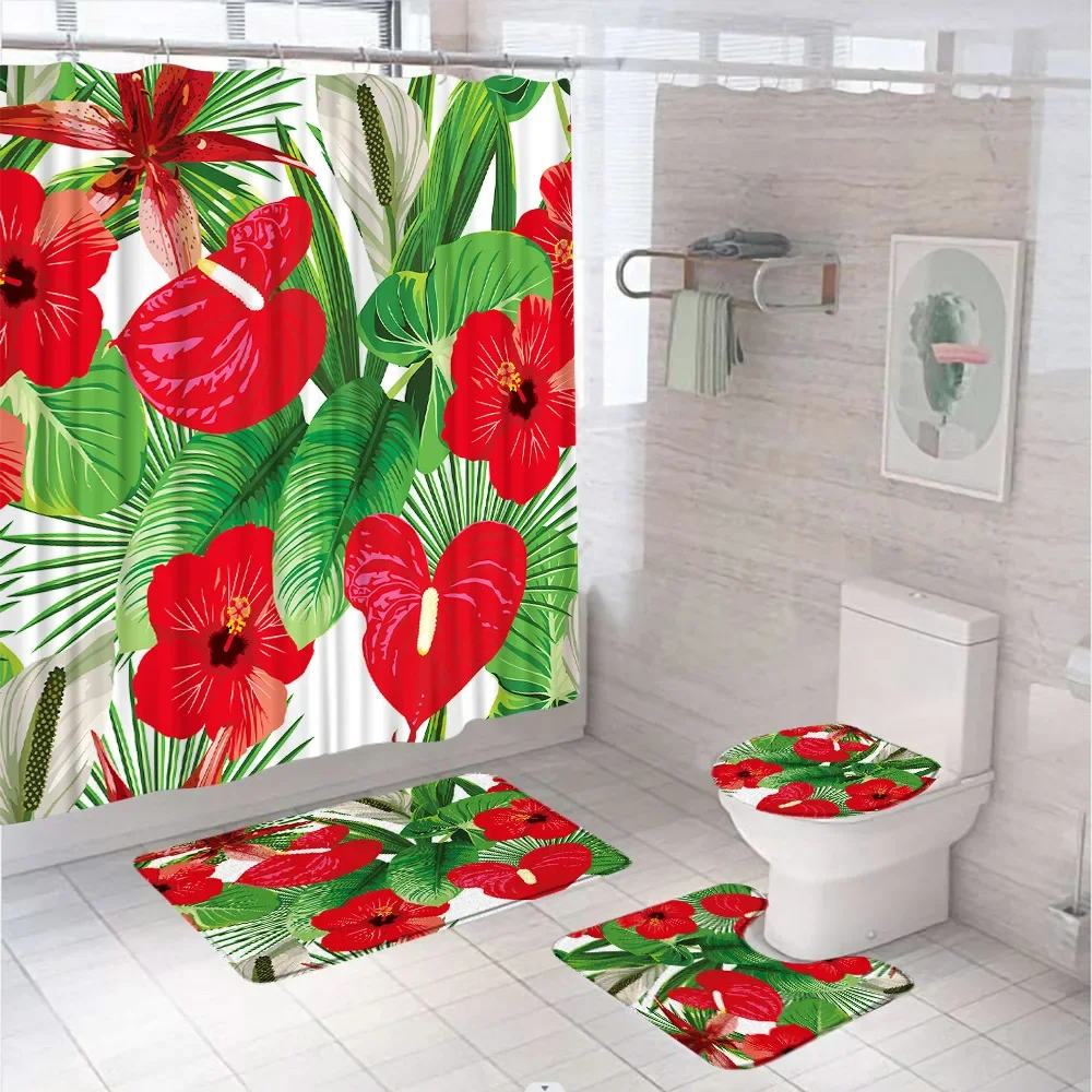 Tropical Plant Green Leaves Shower Curtain Set Watercolor Jungle Flower Bathroom Curtains Non-Slip Rug Bath Mat Lid Toilet Cover