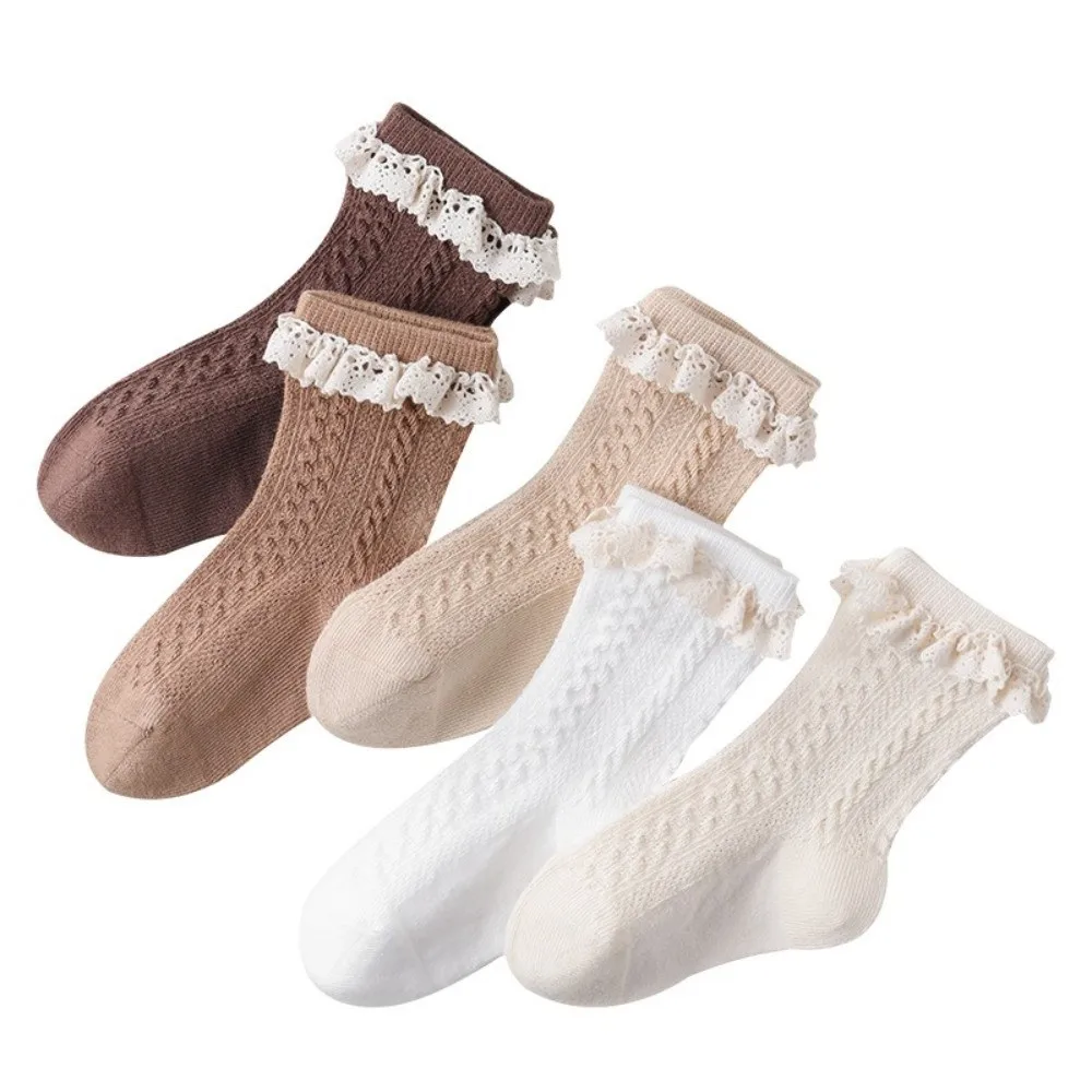 Lace Ruffle Trim Princess Socks Soft Cotton Breathable Mesh Toddler Mid Tube Socks Non Slip Infant Cotton Socks