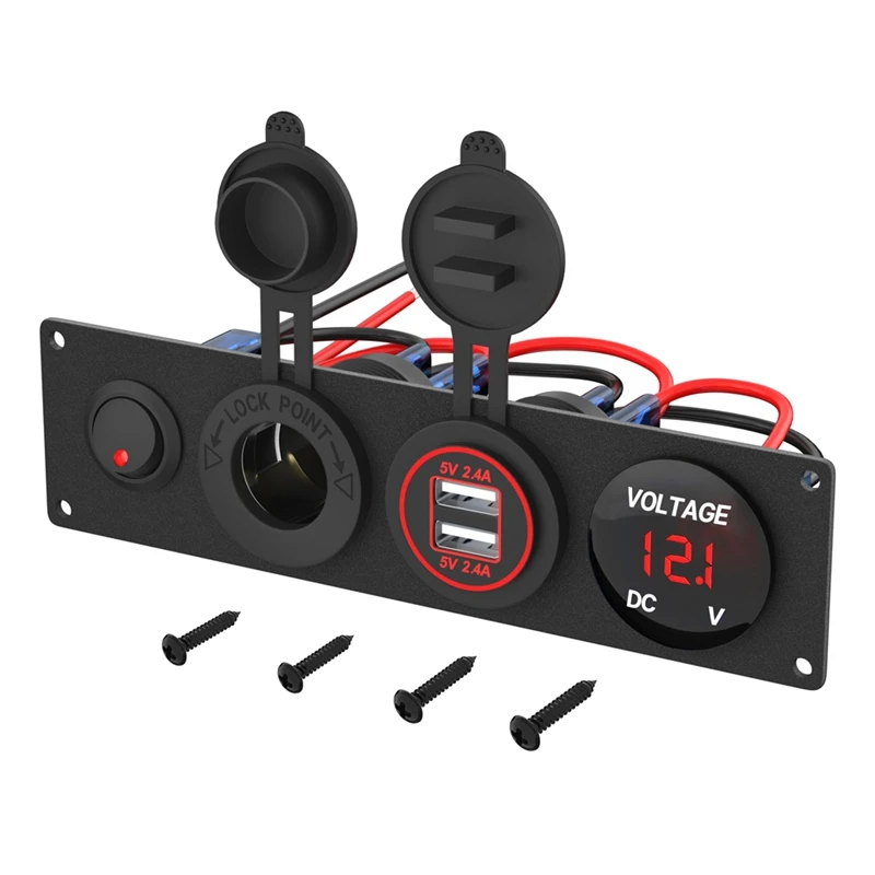 

ABRU-4 In 1 12V USB Panel+LED Voltmete &Dual USB Charger Socket Power&Cigarette Lighter Socket & Toogle Switch Panel