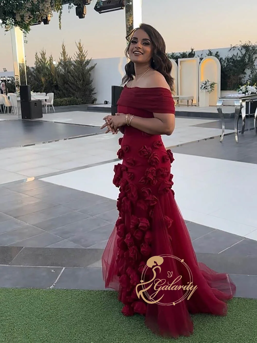 Galarity Burgundy Prom Dress Off Shoulder 3D Floral Elegant Birthday Dress Wedding Party Women Long Evening Dress Customizd