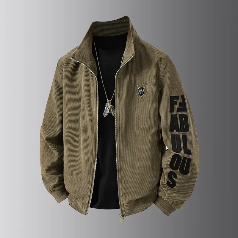 

Autumn Man Jacket High Street Letter Printed Stand Collar Male Outerwear Vintage Long Sleeve Loose Versatile Men Cargo Coat