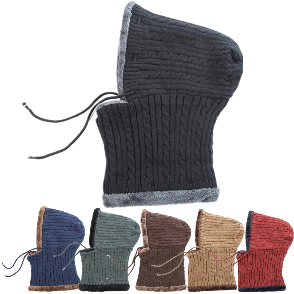 

Hot Sale Unisex Winter Knitted Hat Neck Protection Beanie Cap Add Fur Lined Warm Hats For Men&Women Balaclava Cap