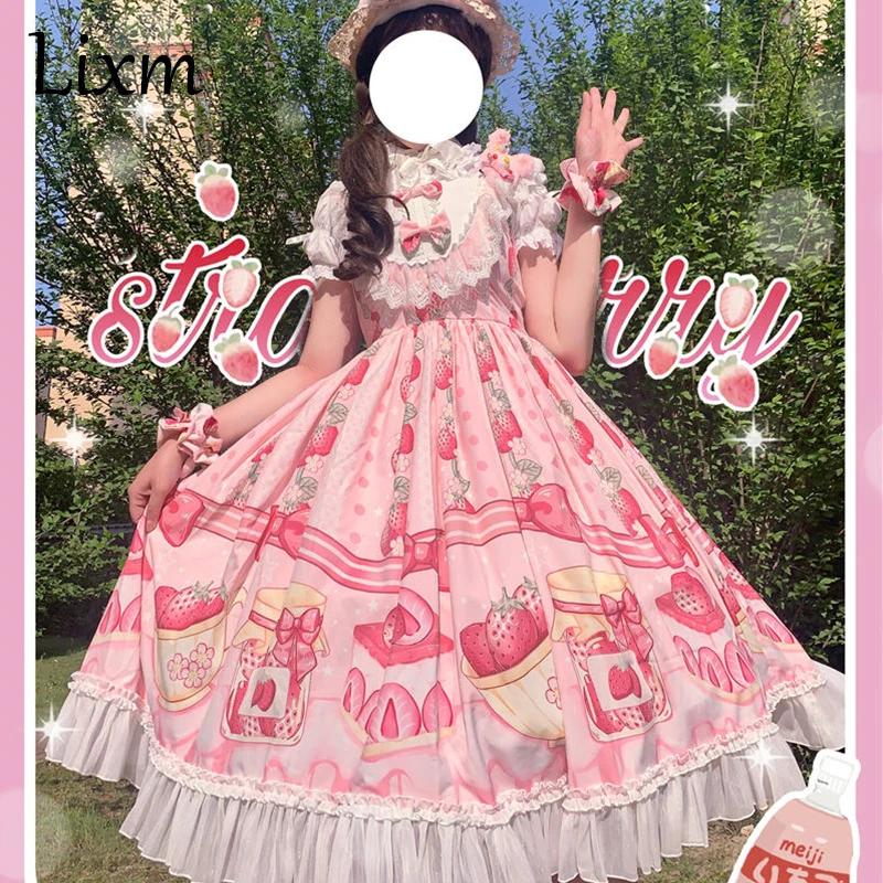 Vestido japonés de verano Lolita JSK, vestidos dulces de Lolita para mujer, vestido suave con hongos para mujer, vestido con volantes de cintura alta de encaje