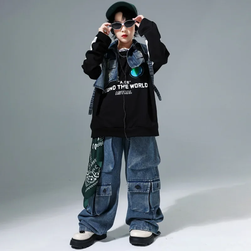 Enfant Hip Hop vêtements Denim bleu gilet veste longue sweat décontracté Multi poches jean pantalon pour fille garçon danse Costume vêtements