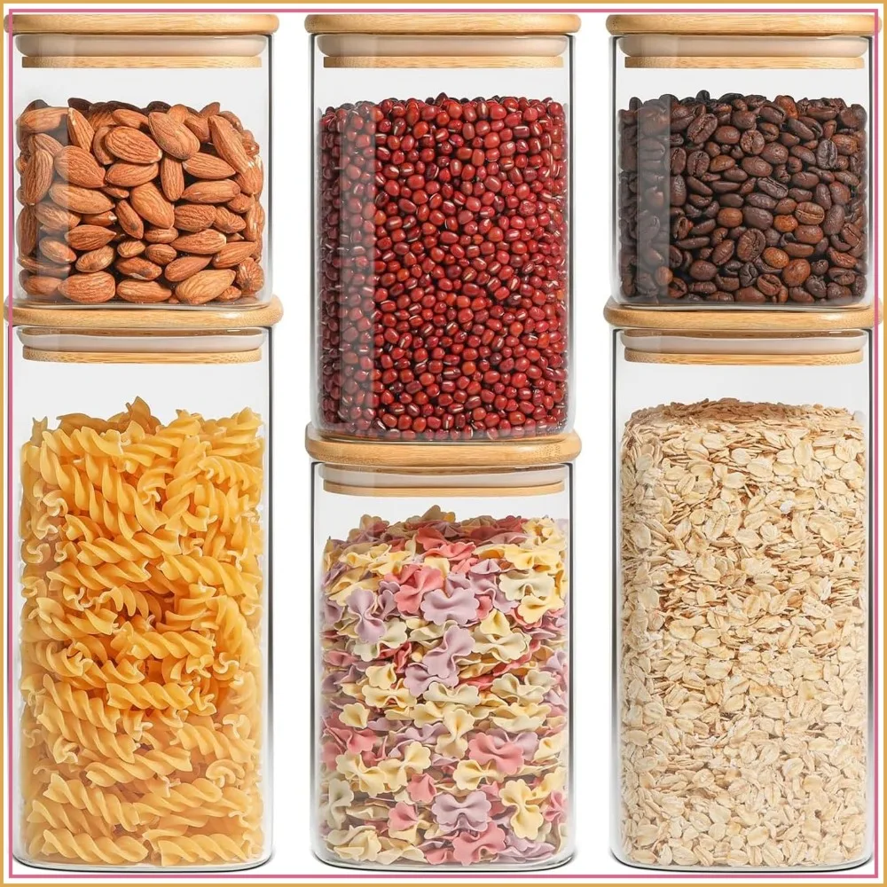 Square Glass Pantry Containers Set of 6 - 0.7/1.2/1.6Qt, Airtight Bamboo Lids, Borosilicate Glass Jars for Kitchen Storage