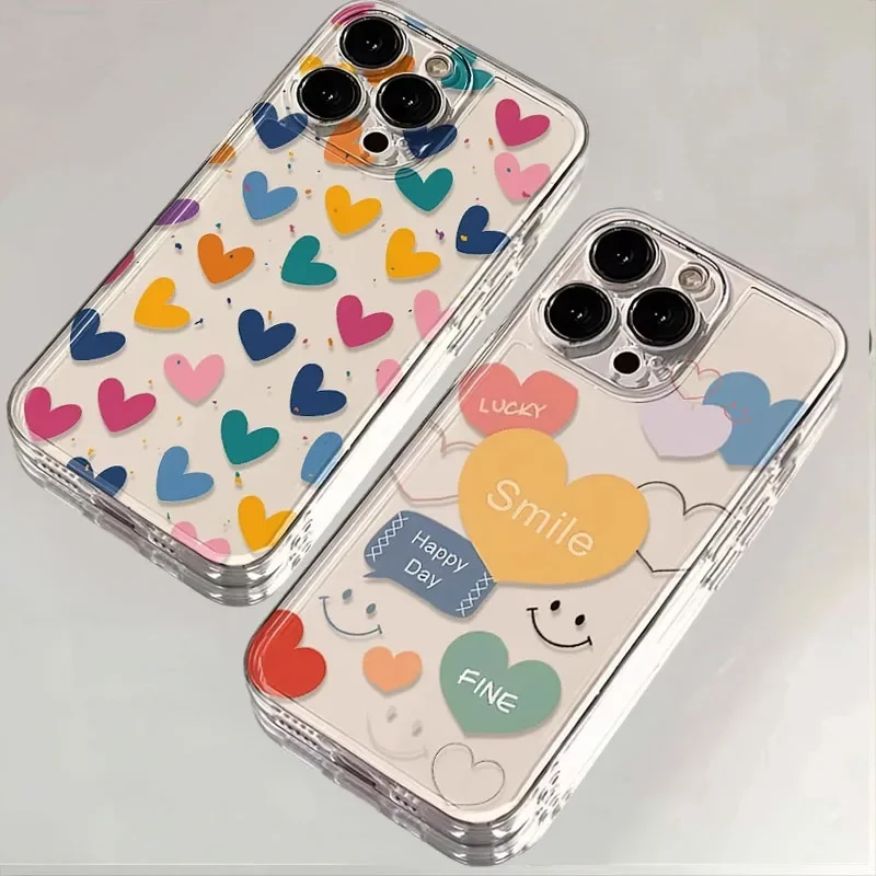 INS Colorful Love Heart Shaped Phone Case For iPhone 16 15 14 11 12 13 Pro Max Plus Mini XS XR 7 8 SE Smiling Clear Cover Fundas