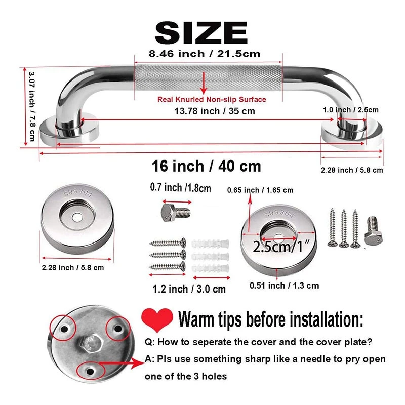 16 Inch Anti Slip Shower Grab Bar Handle, Chrome Finish Stainless Steel Bathroom Grab Bar, Knurled Bathroom Balance