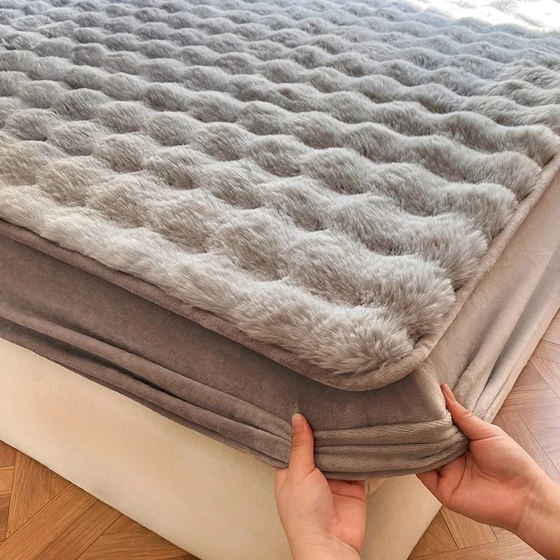 Winter Warm Plush Fitted Sheet Mattress Cover Fluffy Faux Rabbit Fur Bed Protector with Elastic Band for Home Hotel Drap De Lit