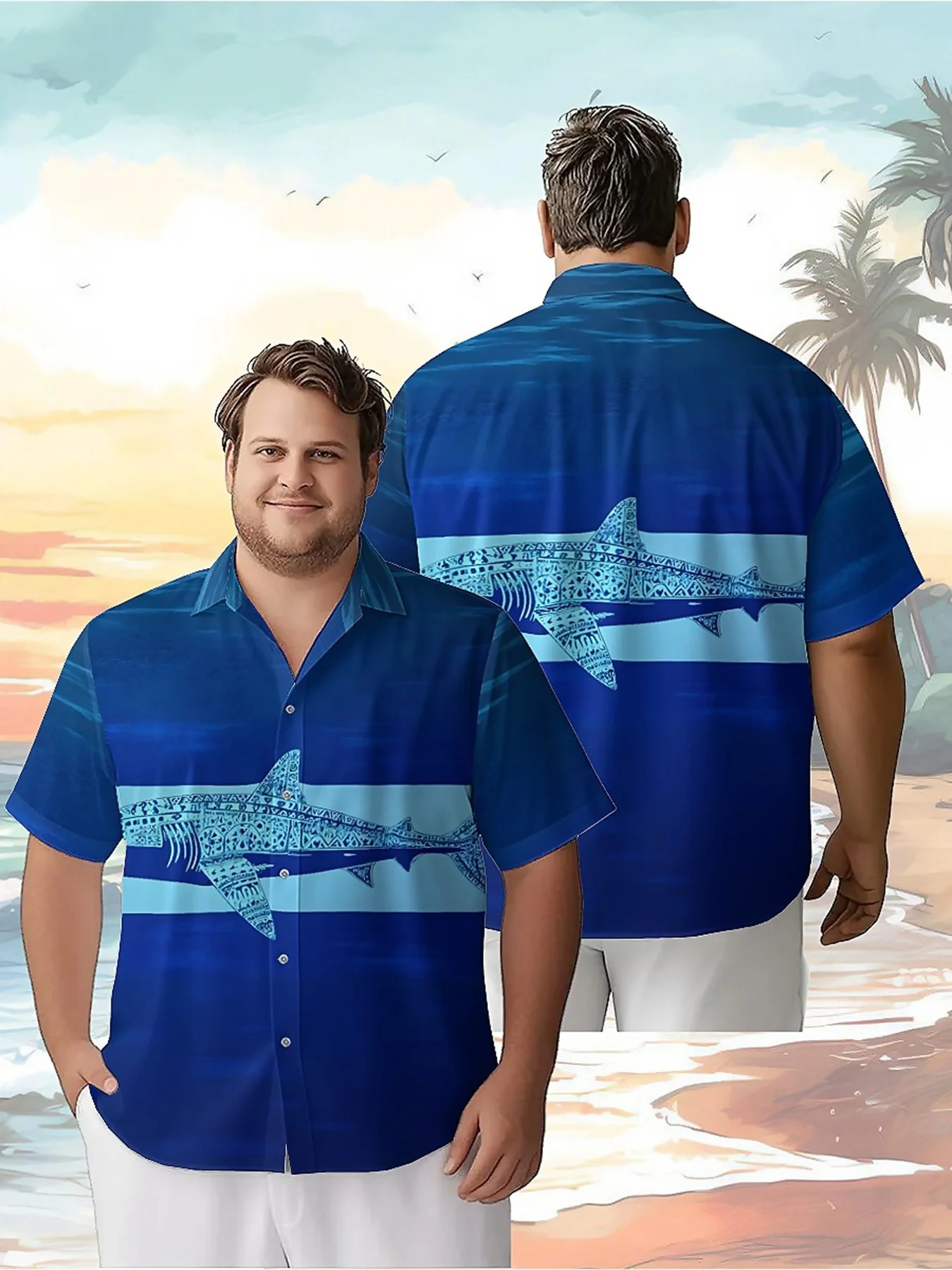 Men's Plus Size Hawaiian Shirts Shark Tattoo Pattern, Summer Casual Tops, Suitable for Outdoor and Party, Streetwear