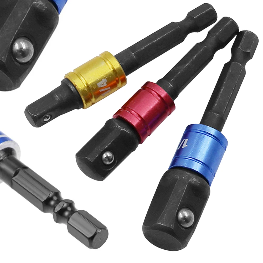 Socket Adapter 3pcs Set with Hex Shank 1/4 3/8 1/2 Inch for Drill Driver Wrench Use Nickel Plated Chrome Vanadium Steel