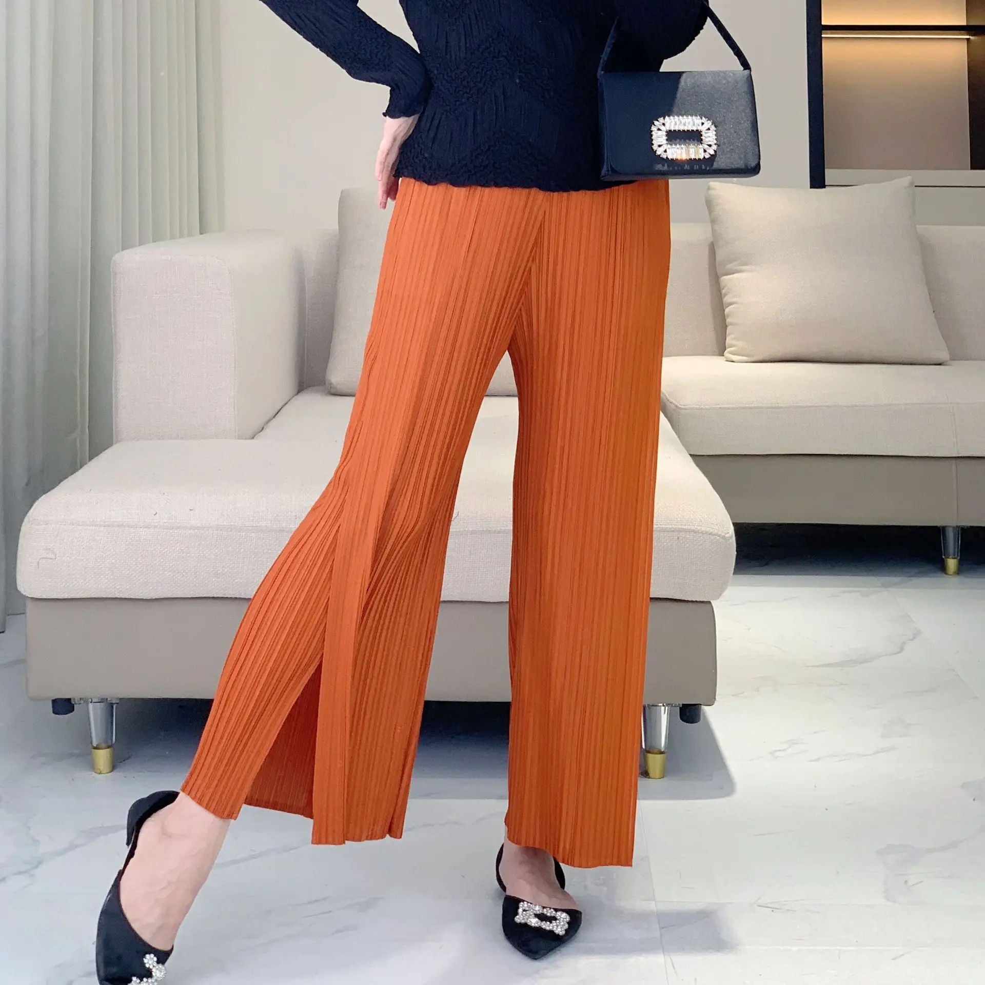 

Miyake Fold 2025 New Simple Split Pants Women's Loose Fashion Versatile Casual Pants High Waist Fold Straight Leg Pants