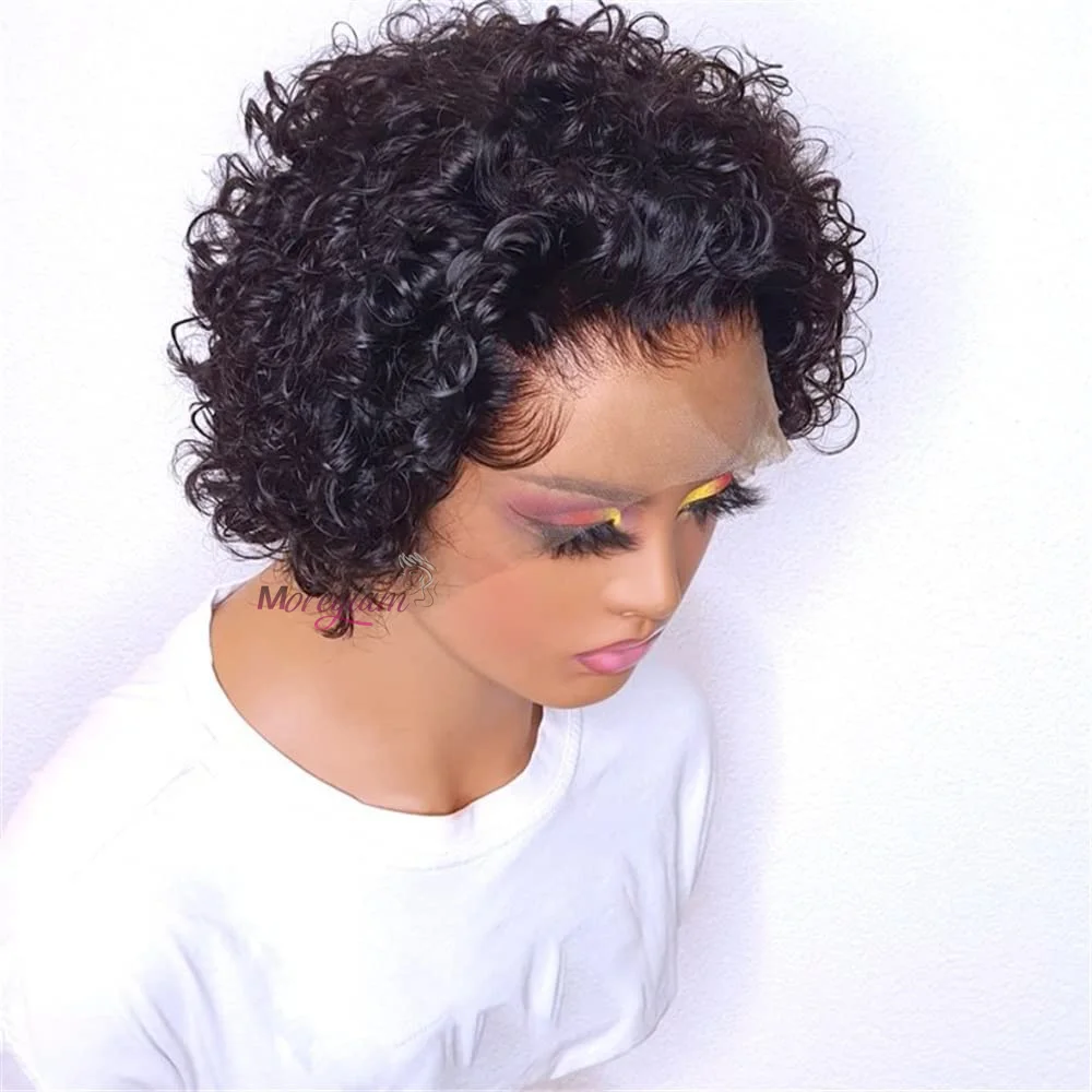 Pixie Cut Wigs Human Hair Lace Frontal Wig for Women Afro Kinky Curly Short Black Glueless Ready to Wear HD Wet and Wavy 13*1