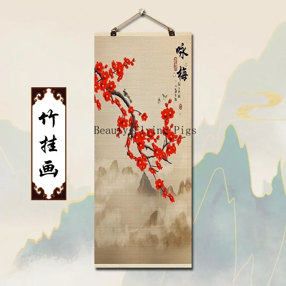 1pc Customized Bamboo Curtains Traditional Painting of Flowers and Birds Wall Hanging  Doorway Divider Ideal for Home Decoration