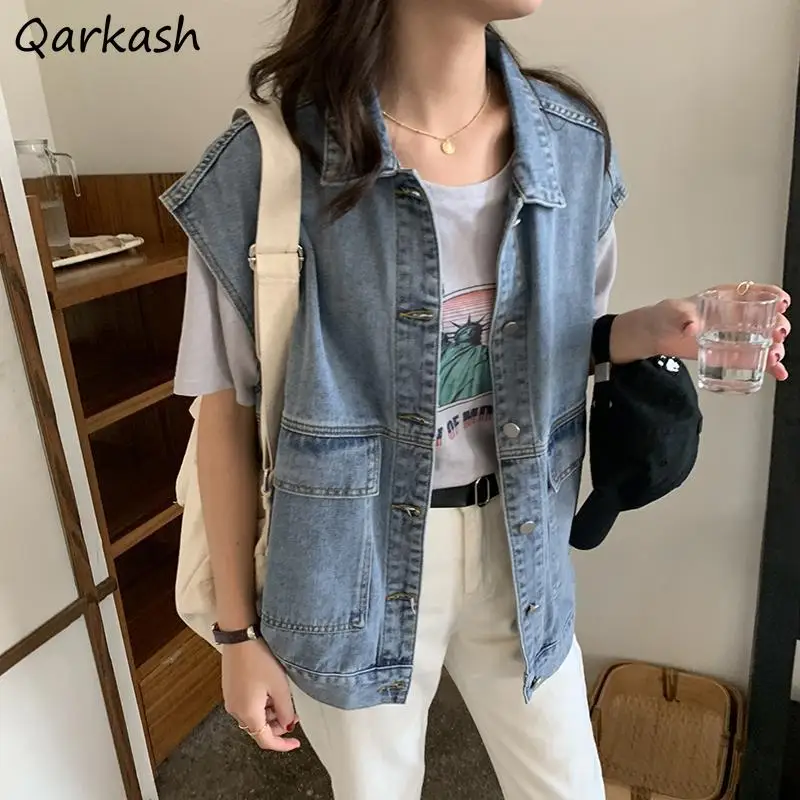 

Blue Denim Vests Women Loose Washed Turn Down Collar Single Breasted Retro Korean Style Classic Spring Summer Ulzzang Stylish