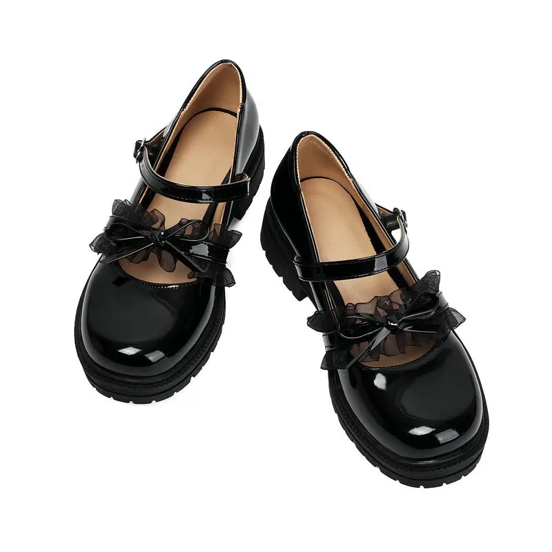 Gothic Lolita Mary Janes Patent Leather Lace Ruffle Bowknot Block Heels for Women Girls Dark Academia Cosplay Shoes