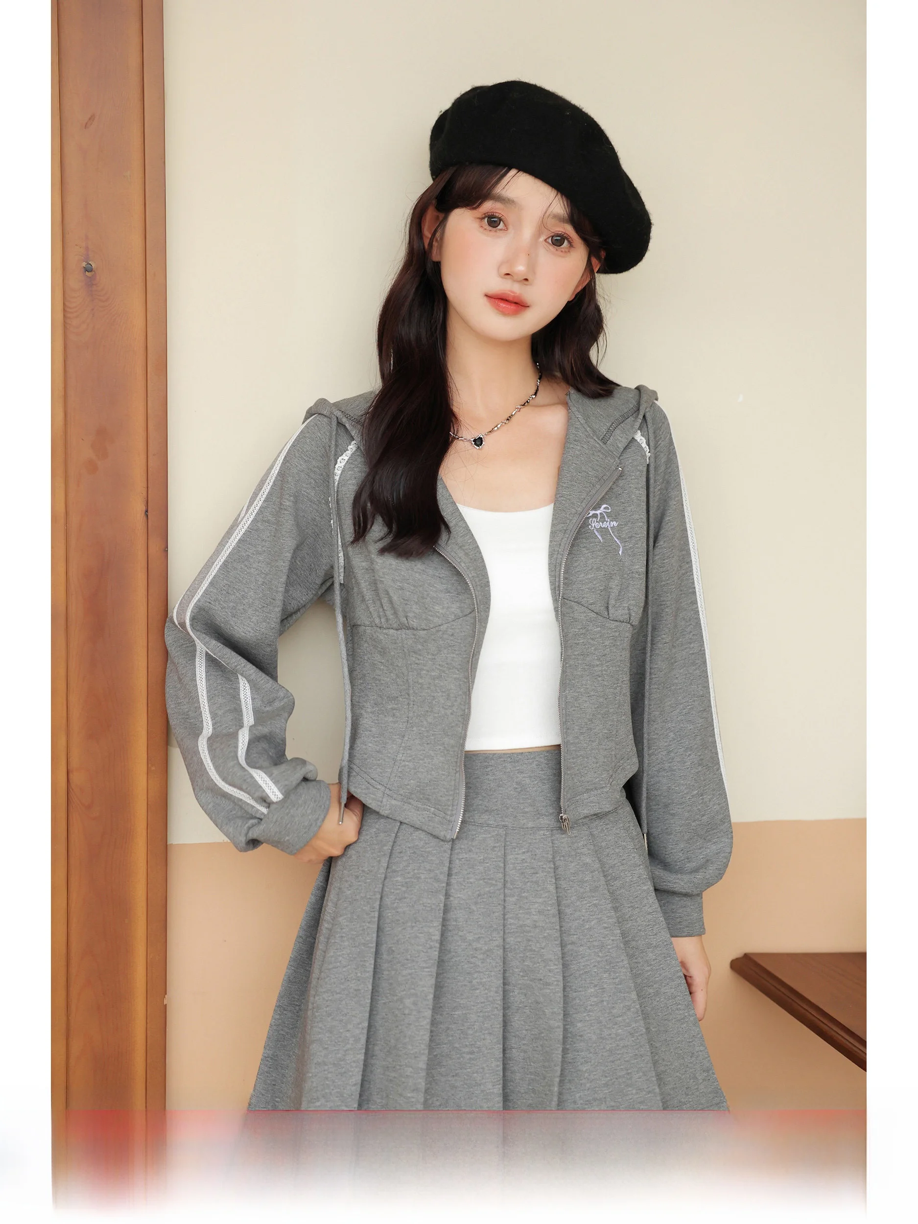 

Spring New Arrival Women's High Waist A-Line Skirt Slimming Grey Pleated Skirt High Waist Design Cotton Blend Fabric