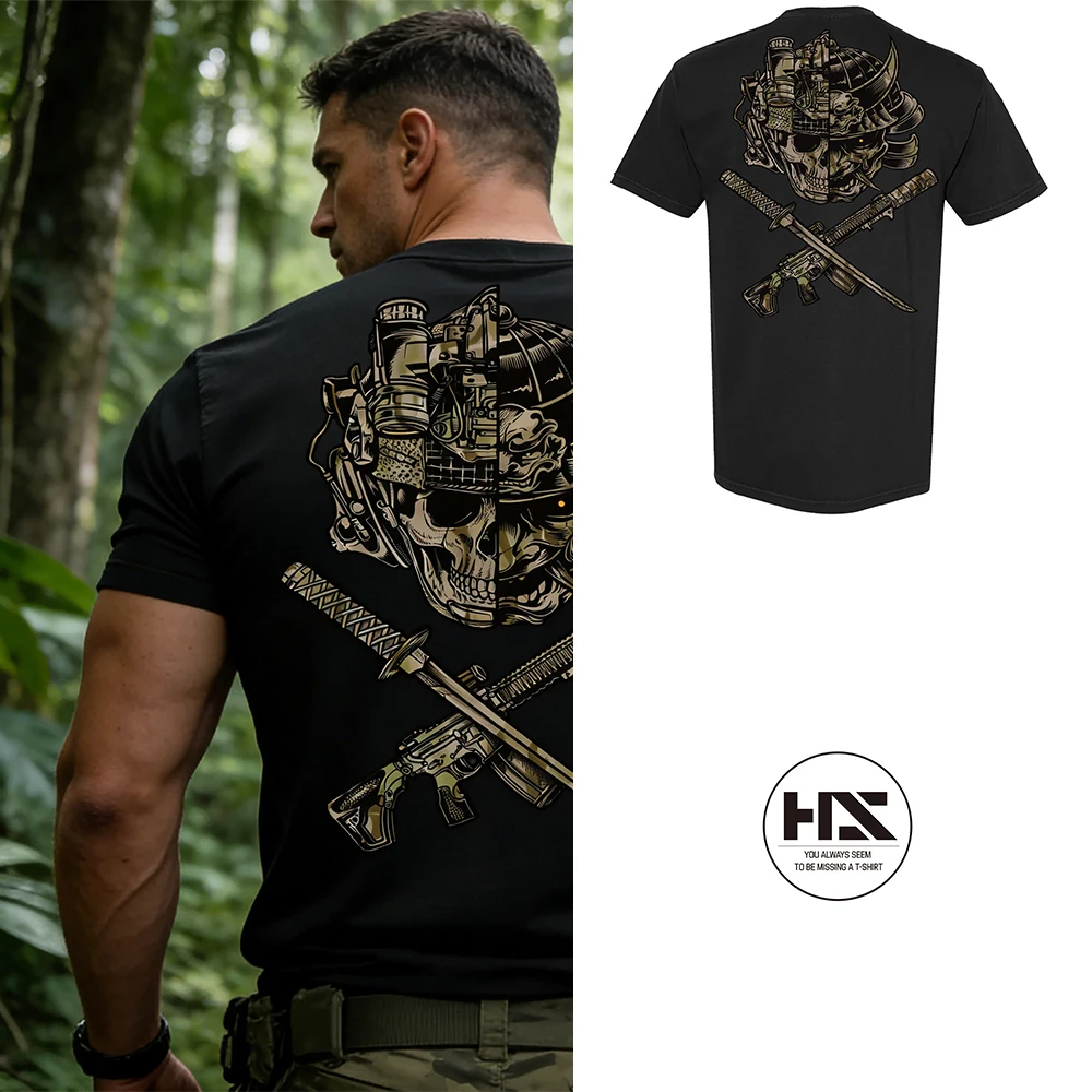 

Back-printed Soldier Style Summer Clothing Men's Pure Cotton Skull Graphic Print Outdoor Sports Women's Trendy Short-sleeved Top
