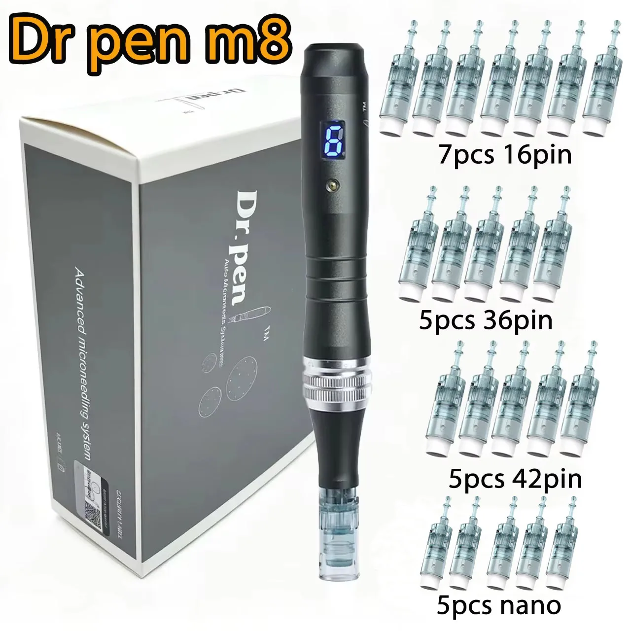 Фото Беспроводной дермапен Dr.Pen M8 для микронидлинга, простой в использовании дома, в комплекте 7 шт. 16-игольчатых и 5 шт. 36/42 наноигл, длина 0,25 мм.
