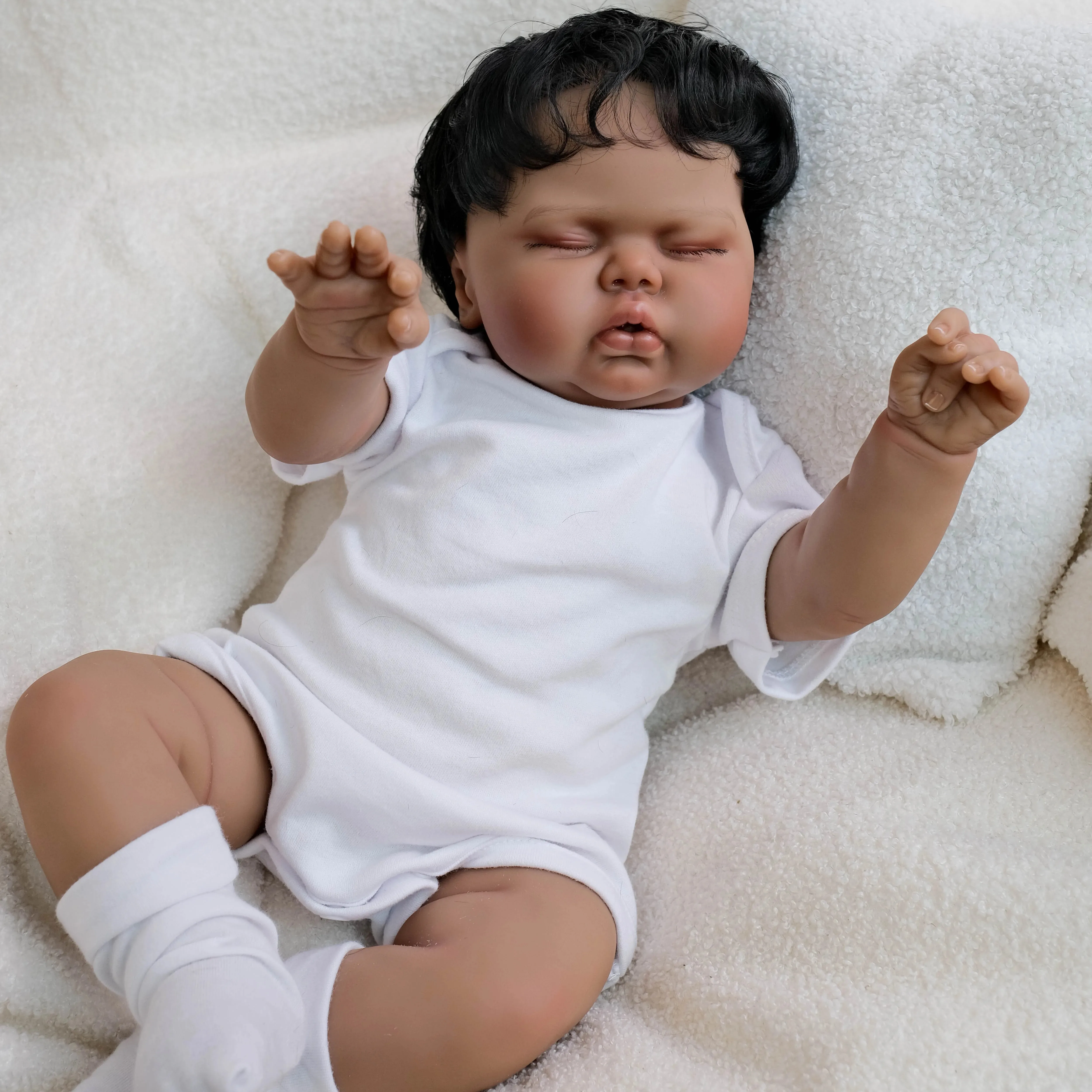 48CM Pickle Dark Skin Soft Cotton Body Lifelike Reborn Sleeping Baby Doll Multiple Layers Painting Hand Rooted Hair