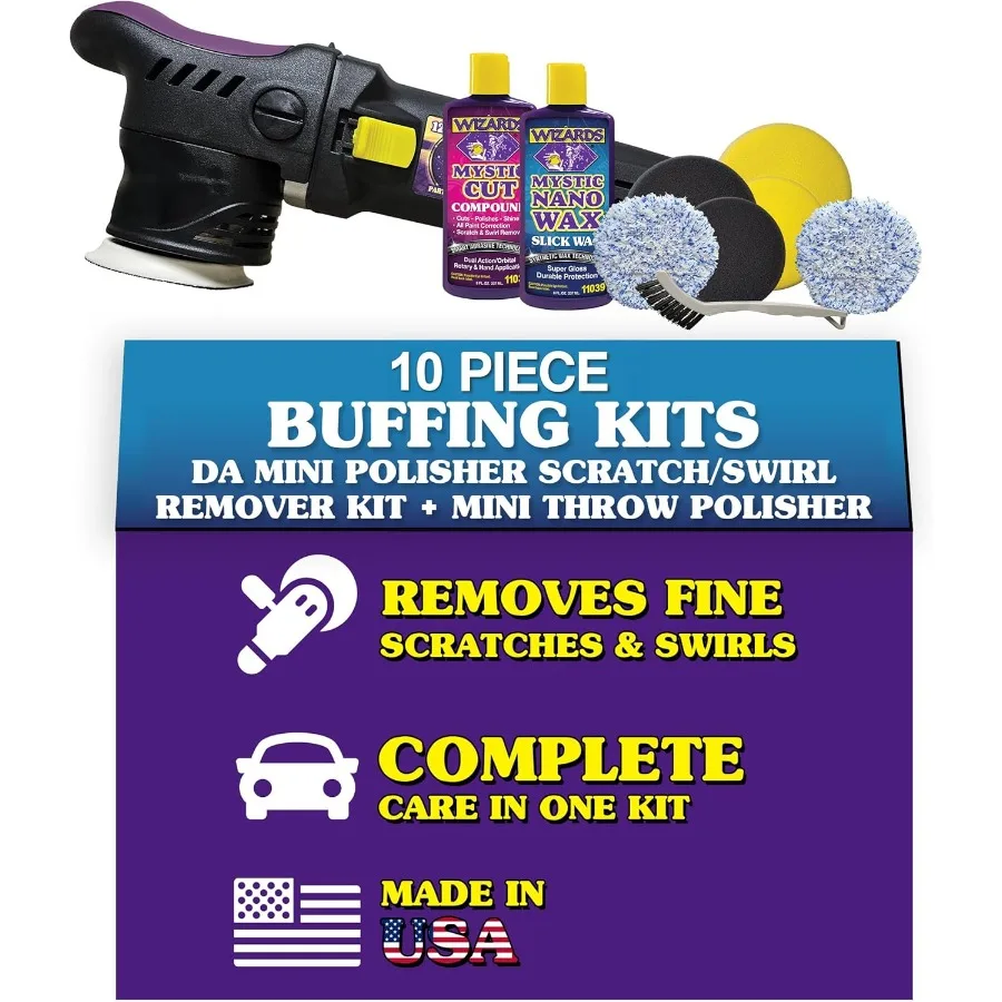 

Buffing Kits for Automotive Detailing: DA Mini Polisher Scratch and Swirl Remover Kit with 10-Piece Mini Throw Polisher