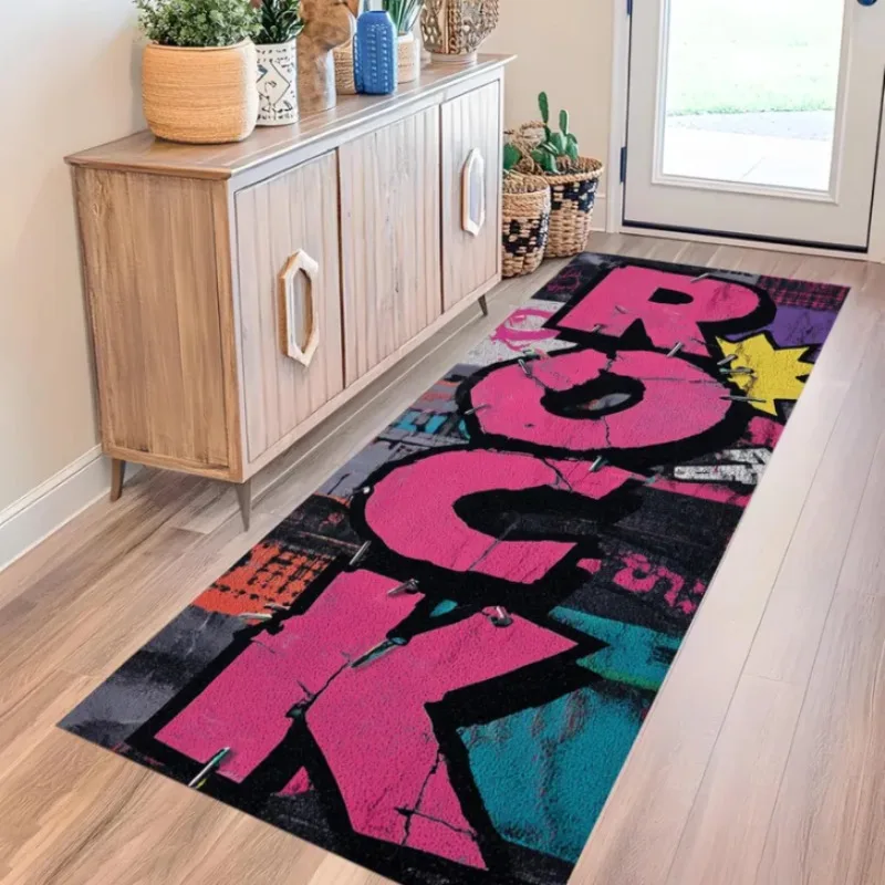 Vintage Rock and Roll Music Runner Rug Retro Vinyl Record Guitar Pattern Mat Music Theme Carpet for Living Room Bedroom Decor